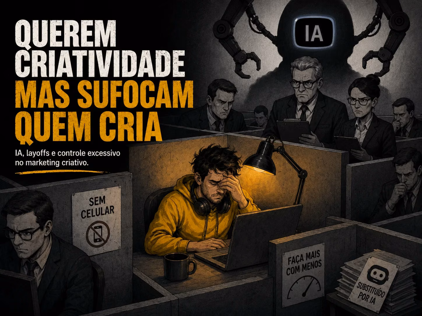 Capa editorial: Empresas Querem Criatividade, Mas Sufocam Quem Cria: IA, Layoffs e o Futuro do Marketing Digital em 2026