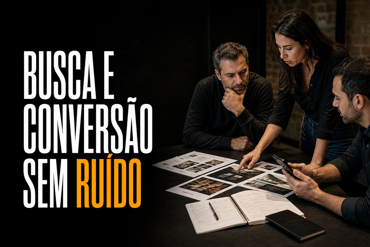Equipe de pequena empresa planejando busca, anúncios, redes sociais e site para melhorar a conversão