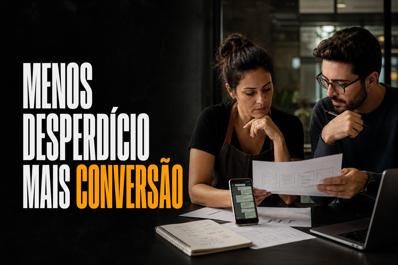 Pequena empresária e gestor de marketing planejando SEO, anúncios e conteúdo com foco em conversão