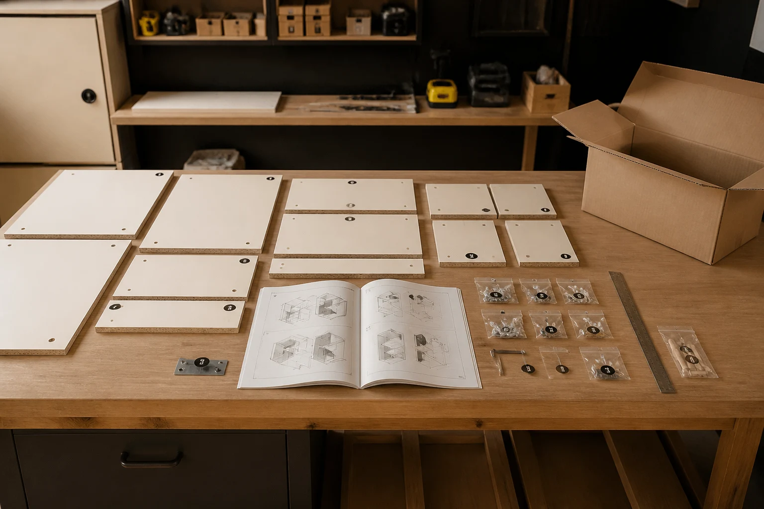 Estante desmontada com peças numeradas, ferragens em saquinhos etiquetados, manual ilustrado aberto e kit de suporte ao lado em bancada de marcenaria.