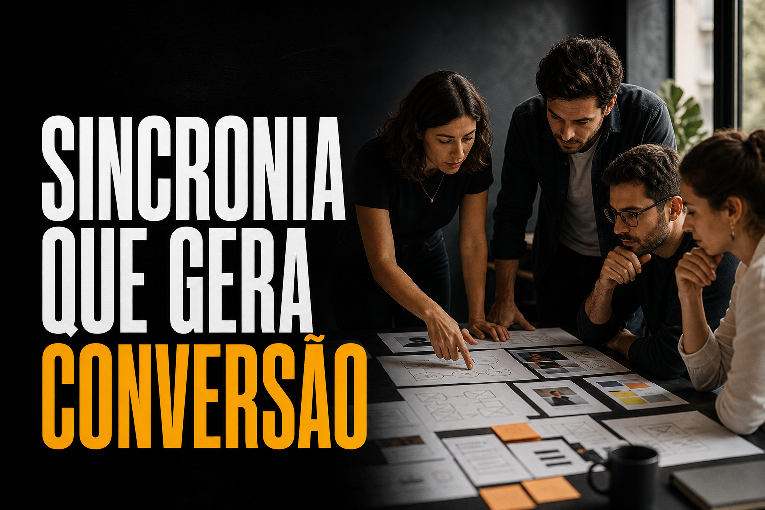 Equipe pequena planejando site, SEO, anúncios e social media para melhorar a conversão
