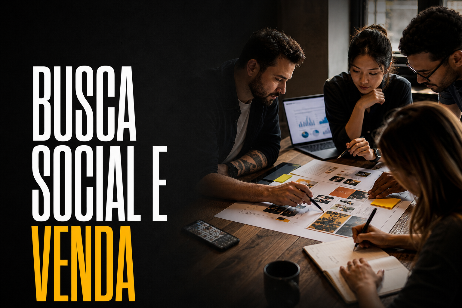 Equipe de pequena empresa alinhando busca, redes sociais, anúncios e site para melhorar conversão.