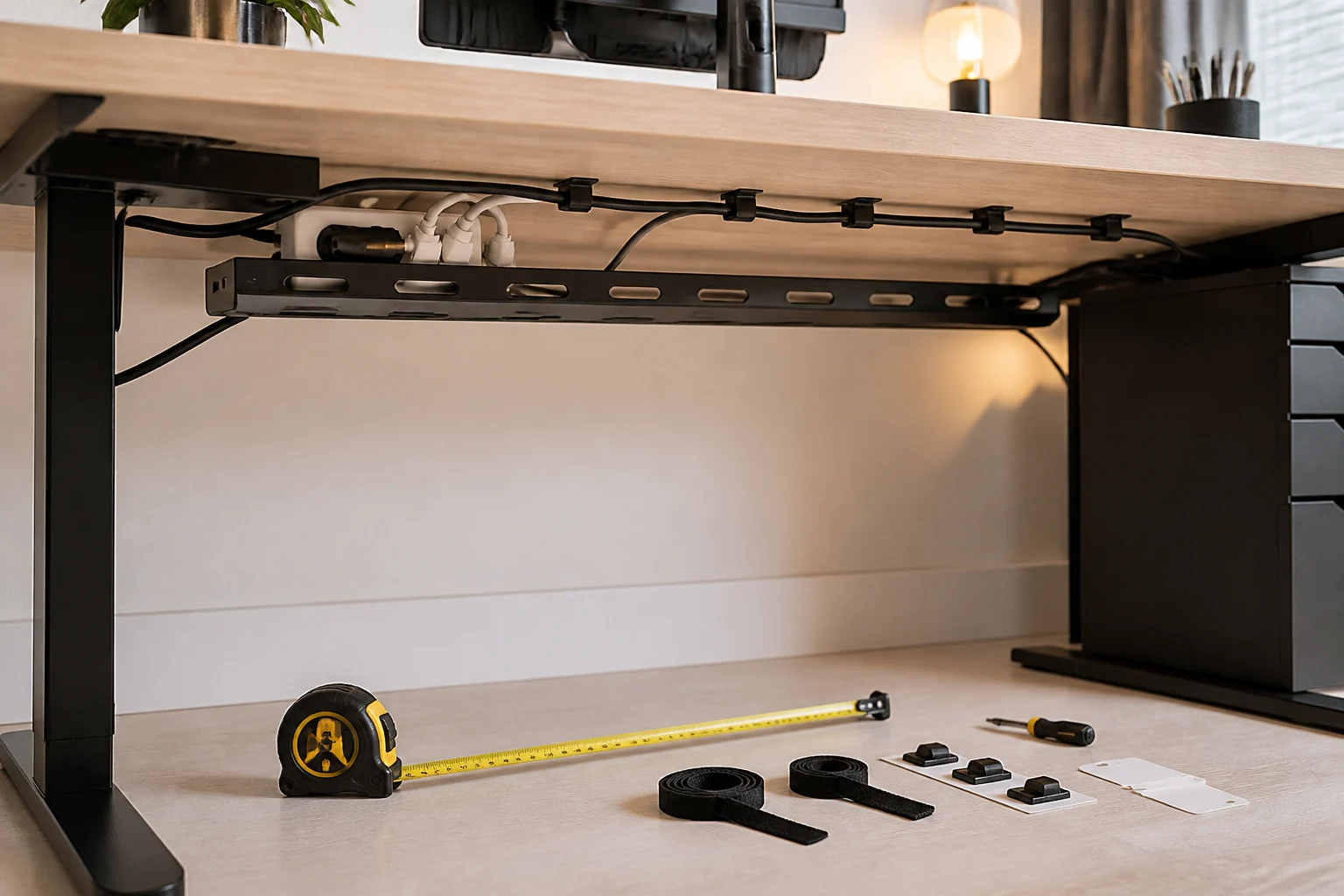 Vista horizontal de uma mesa de escritório com canaleta metálica sob o tampo, clips adesivos, fita métrica e cabos guiados de forma organizada.