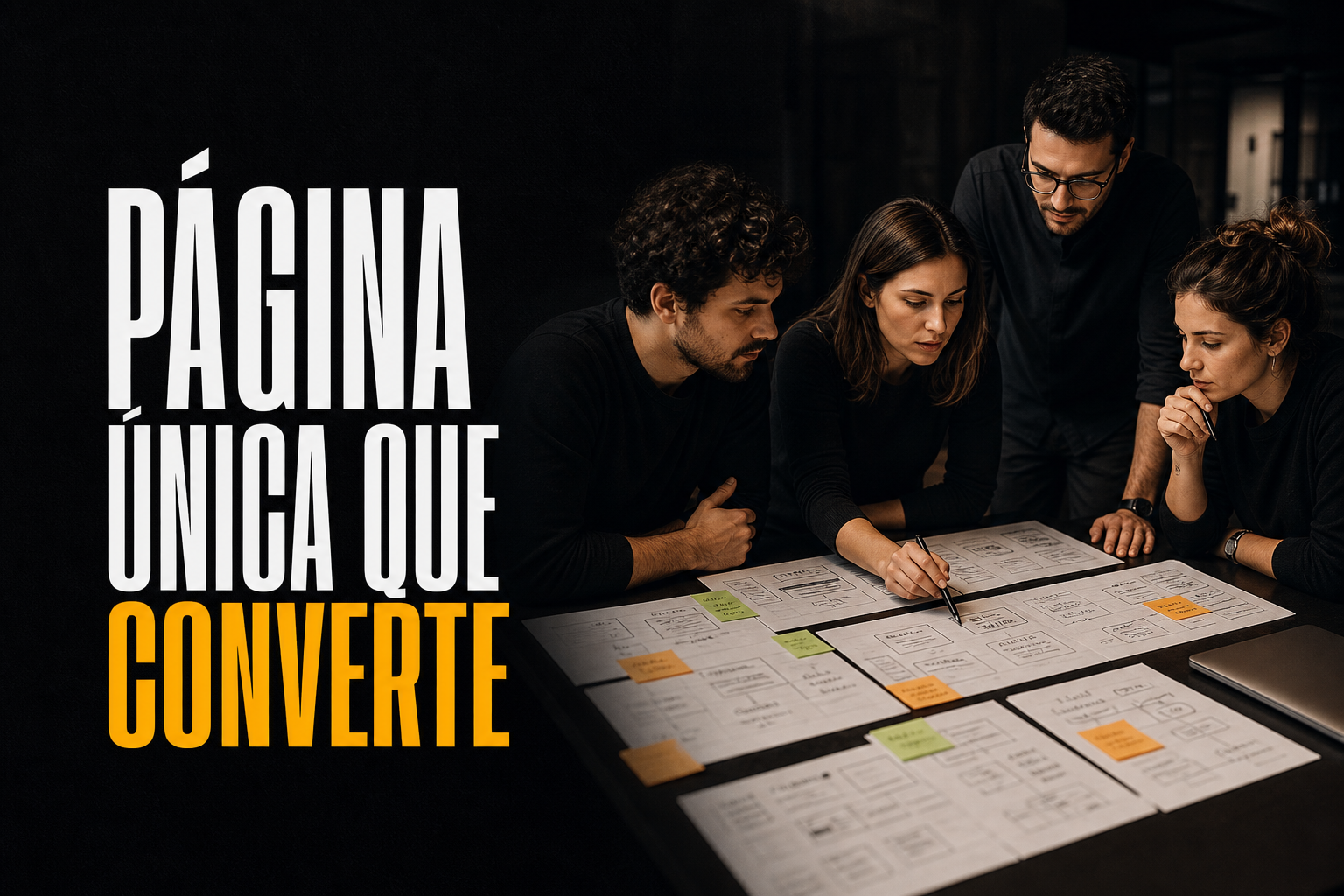 Equipe pequena planejando SEO, mídias sociais, Google Ads e site em uma mesa de trabalho