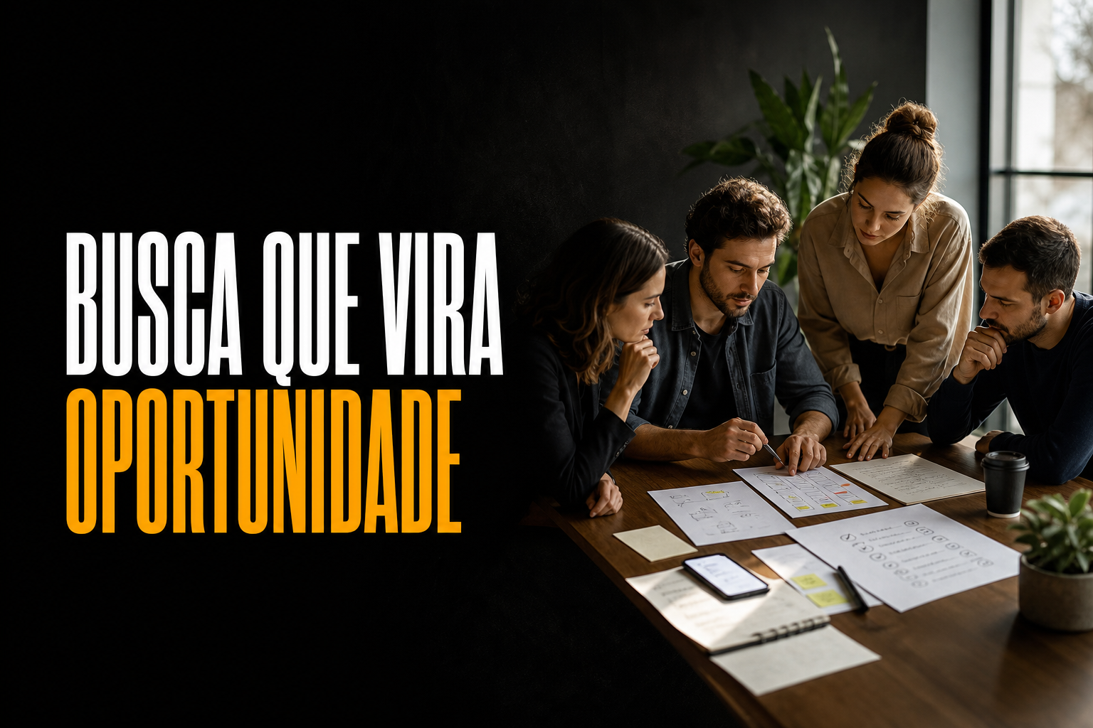 Equipe pequena planejando como conectar busca, social e site para gerar conversões