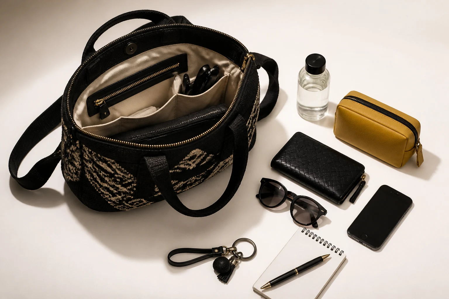 Bolsa artesanal aberta em mesa de estúdio, com bolsos internos, fecho visível e objetos cotidianos ao lado para demonstrar capacidade real.