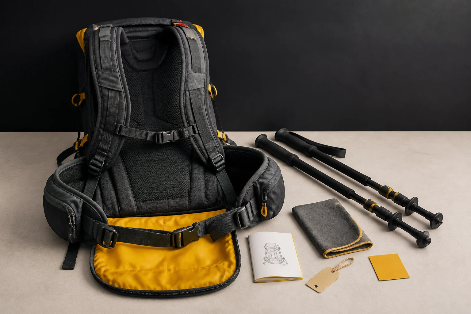 Mochila de trilha aberta ao lado de bastões telescópicos, com pano de limpeza, manual e etiqueta de publicidade sobre uma mesa de estúdio.