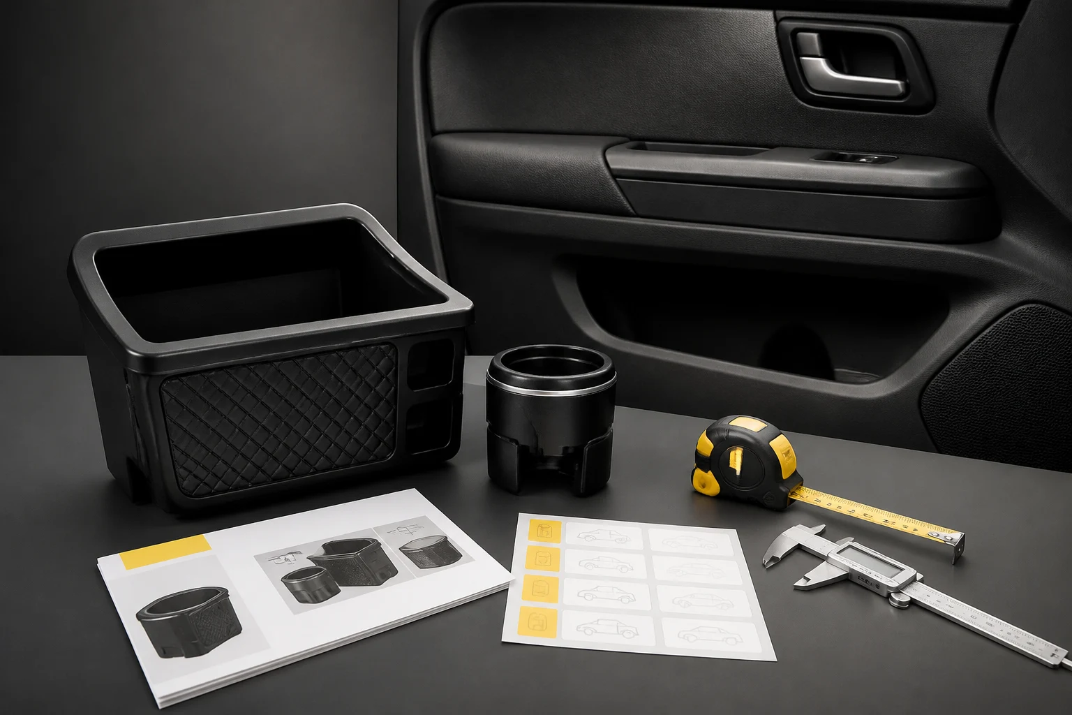Organizador de porta, suporte de copo e manual técnico sobre mesa com fita métrica ao lado de um painel interno de carro.