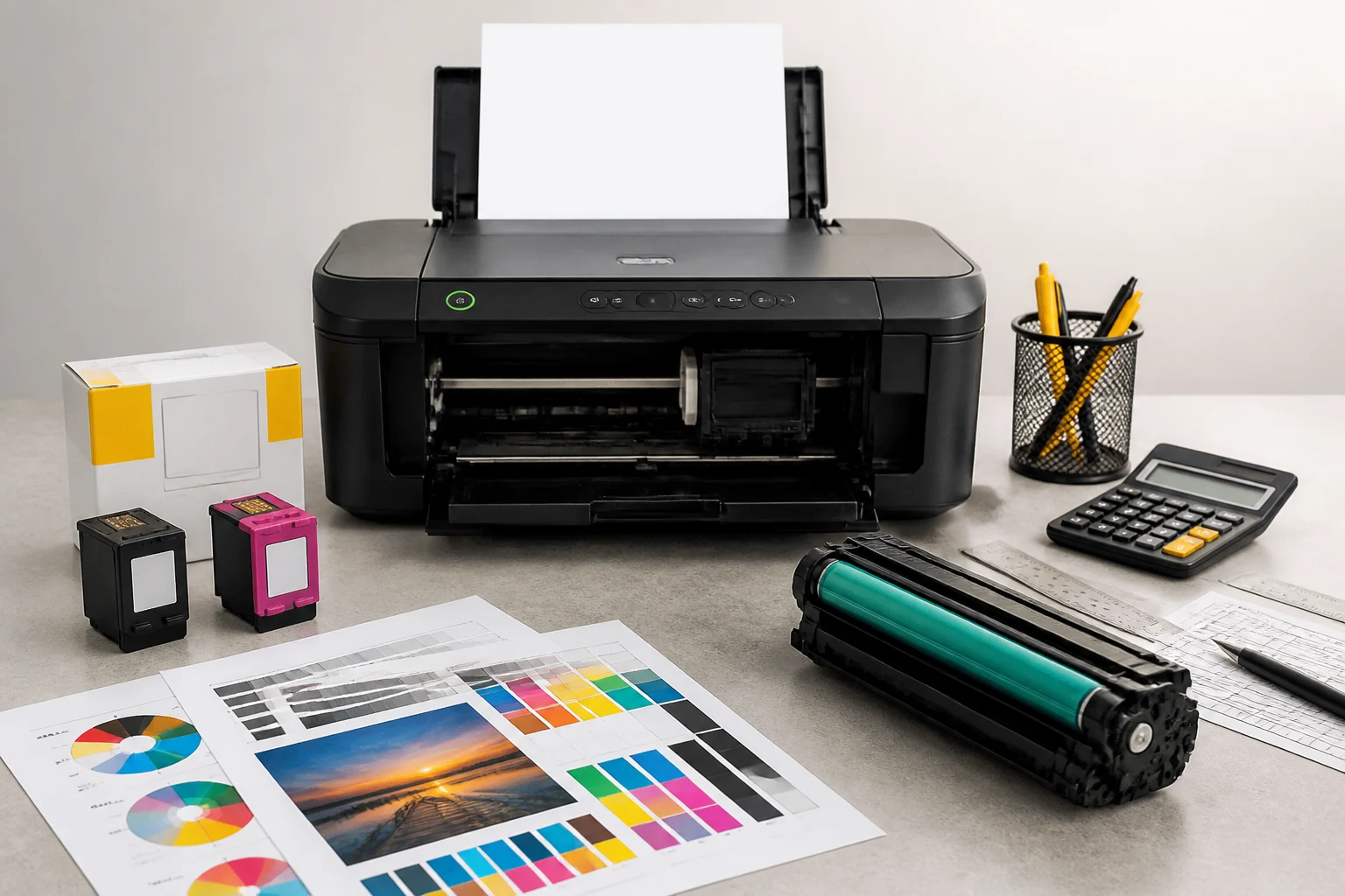 Impressora doméstica aberta com cartucho preto, cartucho colorido, toner, folhas de teste, calculadora e ficha de compatibilidade sobre mesa de estúdio.